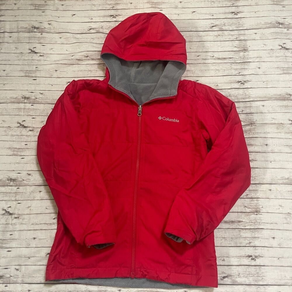 Columbia Boys Reversible Jacket Fleece Zip-Up Hooded Red and Gray Size Medium M